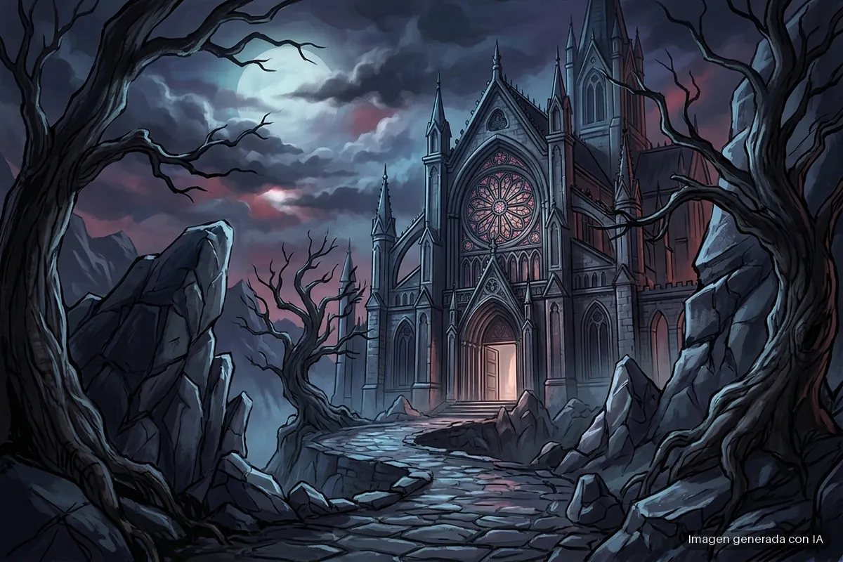 94-castlevania-belmonts-curse-fin-doce-anos-sin-nuevas-entregas Catedral gótica con torres puntiagudas e iluminada vista a través de un túnel de roca oscura, bajo un cielo nublado con luna llena. Imagen generada con IA.