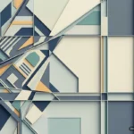 Composición geométrica abstracta con formas tridimensionales en azul oscuro, crema, naranja y verde azulado, organizadas en patrones… Imagen generada con IA.