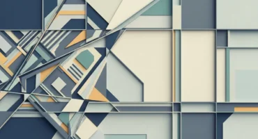 Composición geométrica abstracta con formas tridimensionales en azul oscuro, crema, naranja y verde azulado, organizadas en patrones… Imagen generada con IA.