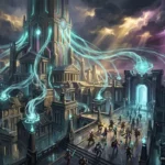 Ciudad futurista con torre central iluminada en verde azulado, energía mágica fluyendo entre edificios y cielo tormentoso con rayos de… Imagen generada con IA.