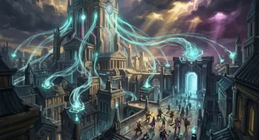 Ciudad futurista con torre central iluminada en verde azulado, energía mágica fluyendo entre edificios y cielo tormentoso con rayos de… Imagen generada con IA.