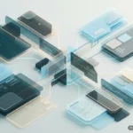 Múltiples dispositivos electrónicos translúcidos en tonos azules y grises conectados entre sí mediante líneas de luz sobre fondo blanco. Imagen generada con IA.