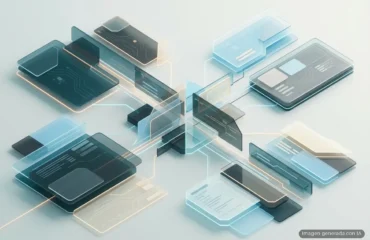 Múltiples dispositivos electrónicos translúcidos en tonos azules y grises conectados entre sí mediante líneas de luz sobre fondo blanco. Imagen generada con IA.