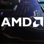 Logotipo de AMD sobre una placa de circuito con chips