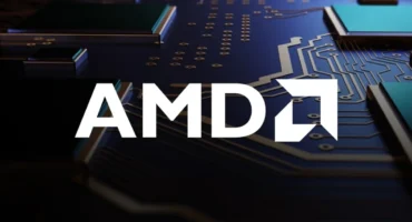 Logotipo de AMD sobre una placa de circuito con chips