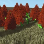 Fotograma de la demostración de AMD: árboles de hoja roja sobre una ladera de hierba alta, con figuras verdes de dinosaurio entre la vegetación
