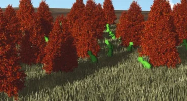 Fotograma de la demostración de AMD: árboles de hoja roja sobre una ladera de hierba alta, con figuras verdes de dinosaurio entre la vegetación