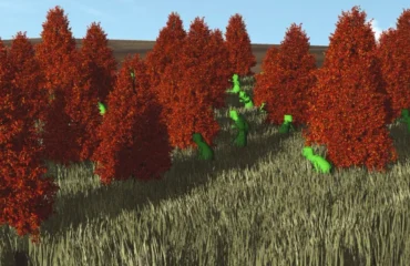 amd-jaulas-tetraedricas Fotograma de la demostración de AMD: árboles de hoja roja sobre una ladera de hierba alta, con figuras verdes de dinosaurio entre la vegetación
