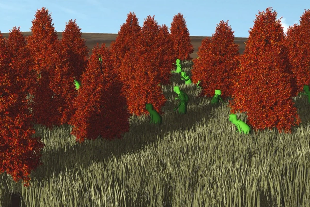 amd-jaulas-tetraedricas Fotograma de la demostración de AMD: árboles de hoja roja sobre una ladera de hierba alta, con figuras verdes de dinosaurio entre la vegetación