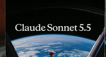 Rótulo de Claude Sonnet 5.5 sobre la Tierra vista desde la ventanilla de una nave espacial