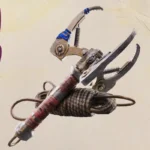 El gancho de ARC Raiders, con garras metálicas, mango vendado en rojo y una cuerda enrollada, sobre un fondo de papel crema