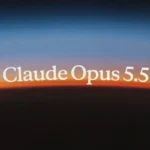 Rótulo «Claude Opus 5.5» en letras blancas sobre un horizonte en degradado azul y naranja, entre fragmentos de collage a los lados