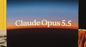 Rótulo «Claude Opus 5.5» en letras blancas sobre un horizonte en degradado azul y naranja, entre fragmentos de collage a los lados