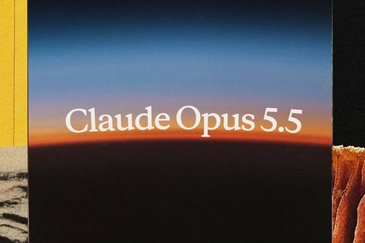 claude-opus-5-5-anthropic Rótulo «Claude Opus 5.5» en letras blancas sobre un horizonte en degradado azul y naranja, entre fragmentos de collage a los lados