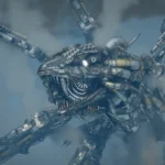Captura oficial de Charting the Unknown con una enorme criatura mecánica de tentáculos entre nubes