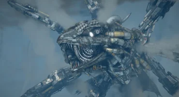 Captura oficial de Charting the Unknown con una enorme criatura mecánica de tentáculos entre nubes