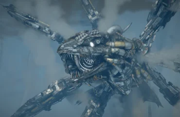 Captura oficial de Charting the Unknown con una enorme criatura mecánica de tentáculos entre nubes