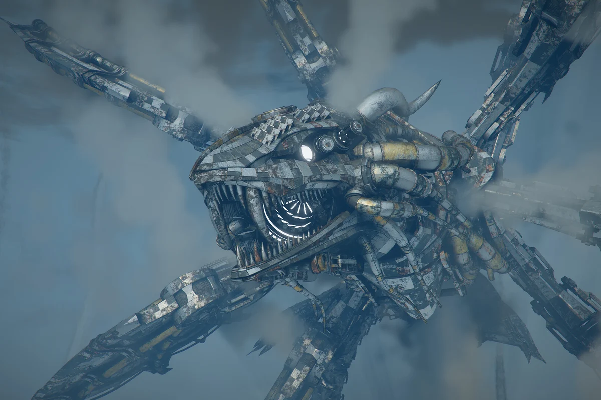 Captura oficial de Charting the Unknown con una enorme criatura mecánica de tentáculos entre nubes