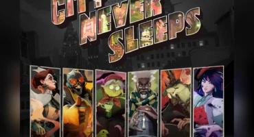 Arte oficial de City Never Sleeps para Deadlock, con el logotipo de la actualización sobre una ciudad de noche y seis retratos de héroes ilustrados