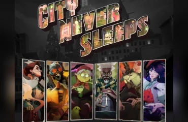 deadlock-city-never-sleeps Arte oficial de City Never Sleeps para Deadlock, con el logotipo de la actualización sobre una ciudad de noche y seis retratos de héroes ilustrados
