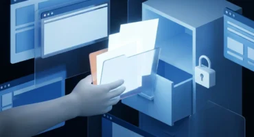 Una mano recoge de un archivador abierto una carpeta translúcida con hojas en blanco luminosas, junto a un candado abierto. Imagen generada con IA.