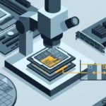 Ilustración de un procesador bajo un microscopio de laboratorio junto a una oblea de silicio y componentes de PC. Imagen generada con IA.