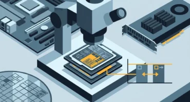 Ilustración de un procesador bajo un microscopio de laboratorio junto a una oblea de silicio y componentes de PC. Imagen generada con IA.