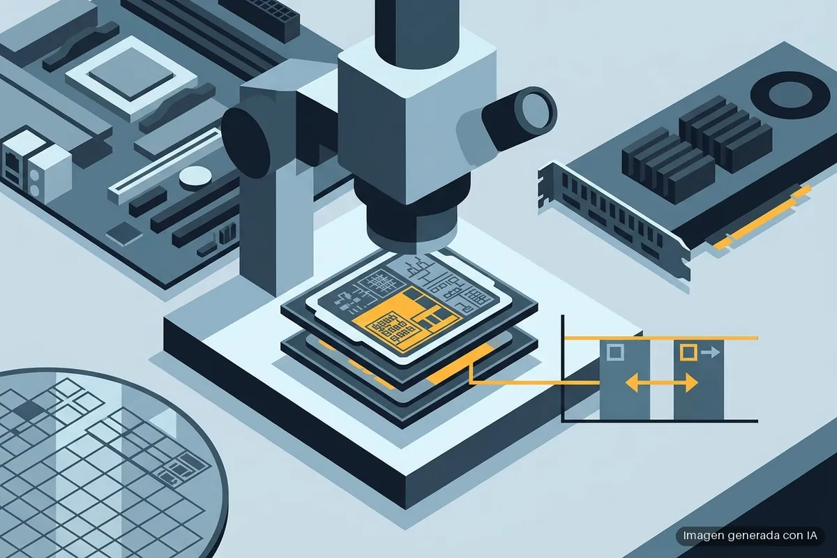 desmontaje-panther-lake-intel-18a-densidad-tsmc-n3e Ilustración de un procesador bajo un microscopio de laboratorio junto a una oblea de silicio y componentes de PC. Imagen generada con IA.