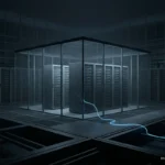 Un centro de datos en penumbra con racks de servidores dentro de un recinto de cristal del que escapa un hilo de luz azul. Imagen generada con IA.