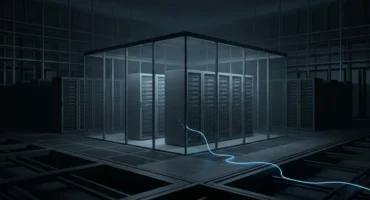 Un centro de datos en penumbra con racks de servidores dentro de un recinto de cristal del que escapa un hilo de luz azul. Imagen generada con IA.