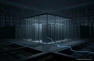 Un centro de datos en penumbra con racks de servidores dentro de un recinto de cristal del que escapa un hilo de luz azul. Imagen generada con IA.
