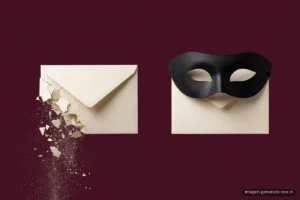 Dos sobres sobre fondo burdeos: el de la izquierda se deshace en fragmentos y polvo, y el de la derecha, intacto, lleva un antifaz negro. Imagen generada con IA.