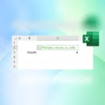 Una hoja de Excel con varios valores separados por comas dentro de la celda C2 y el logotipo de Excel a la derecha