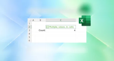 Una hoja de Excel con varios valores separados por comas dentro de la celda C2 y el logotipo de Excel a la derecha