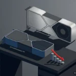 Ilustración de una tarjeta gráfica genérica a la sombra de otra mayor, junto a un gráfico de barras que baja. Imagen generada con IA.