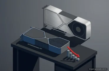 Ilustración de una tarjeta gráfica genérica a la sombra de otra mayor, junto a un gráfico de barras que baja. Imagen generada con IA.