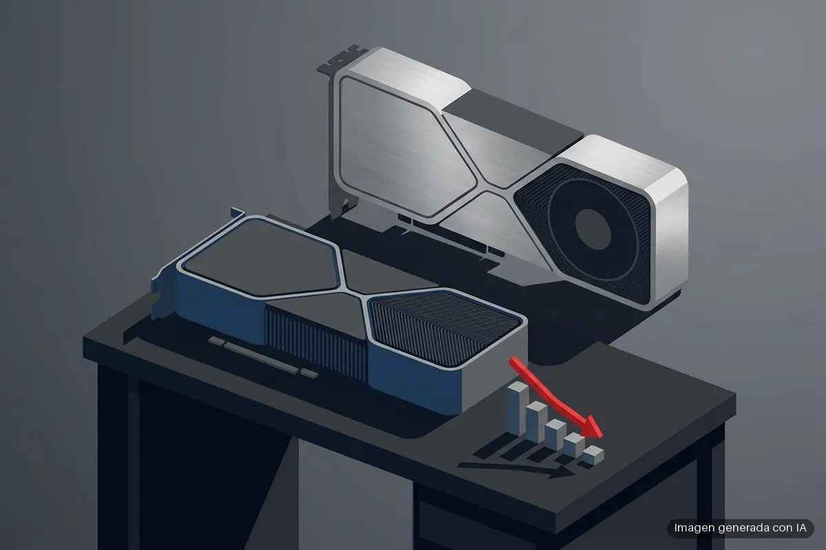 exempleado-evga-founders-edition-nvidia-estrecharon-margen Ilustración de una tarjeta gráfica genérica a la sombra de otra mayor, junto a un gráfico de barras que baja. Imagen generada con IA.