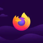 Logotipo de Firefox sobre un fondo morado con nubes y colinas