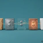 Cinco pequeñas cajas fuertes de madera, acero, cristal, cobre y cerámica blanca en fila sobre fondo azul petróleo, unidas por hilos de luz dorada. Imagen generada con IA.