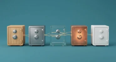 Cinco pequeñas cajas fuertes de madera, acero, cristal, cobre y cerámica blanca en fila sobre fondo azul petróleo, unidas por hilos de luz dorada. Imagen generada con IA.