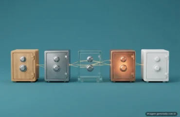 gestores-contrasenas-comparados-cifrado-sincronizacion Cinco pequeñas cajas fuertes de madera, acero, cristal, cobre y cerámica blanca en fila sobre fondo azul petróleo, unidas por hilos de luz dorada. Imagen generada con IA.
