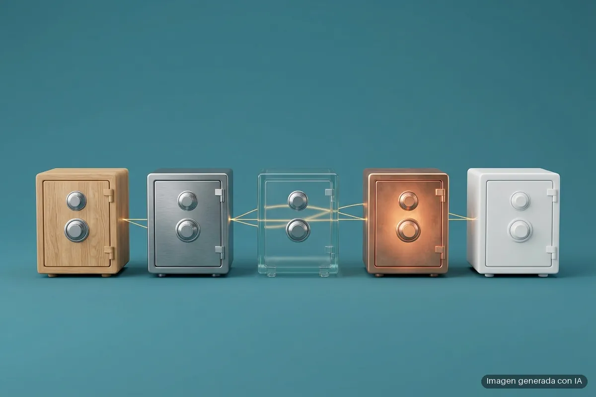 gestores-contrasenas-comparados-cifrado-sincronizacion Cinco pequeñas cajas fuertes de madera, acero, cristal, cobre y cerámica blanca en fila sobre fondo azul petróleo, unidas por hilos de luz dorada. Imagen generada con IA.