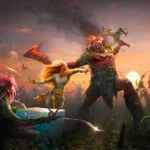 Faye, con el pelo rubio y una espada en la mano, se enfrenta al atardecer a un gigante en llamas rodeado de criaturas en el arte de God of War Laufey