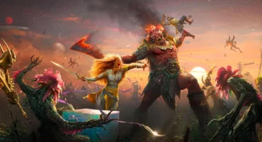 Faye, con el pelo rubio y una espada en la mano, se enfrenta al atardecer a un gigante en llamas rodeado de criaturas en el arte de God of War Laufey