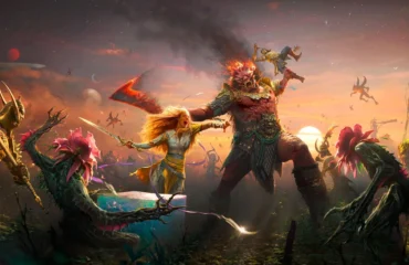 Faye, con el pelo rubio y una espada en la mano, se enfrenta al atardecer a un gigante en llamas rodeado de criaturas en el arte de God of War Laufey