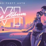 Portada de Grand Theft Auto VI: The Album, con dos personajes junto a un coche ante el perfil de Vice City al atardecer
