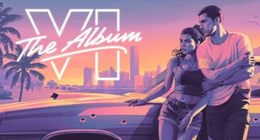 Portada de Grand Theft Auto VI: The Album, con dos personajes junto a un coche ante el perfil de Vice City al atardecer