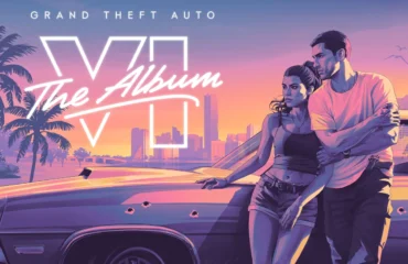 gta-album Portada de Grand Theft Auto VI: The Album, con dos personajes junto a un coche ante el perfil de Vice City al atardecer