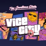 Cartel ilustrado The Goodtime State Vice City con un caimán con gafas, un coche morado, un sol con gafas, un flamenco y un manatí