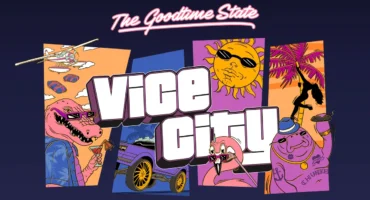 Cartel ilustrado The Goodtime State Vice City con un caimán con gafas, un coche morado, un sol con gafas, un flamenco y un manatí